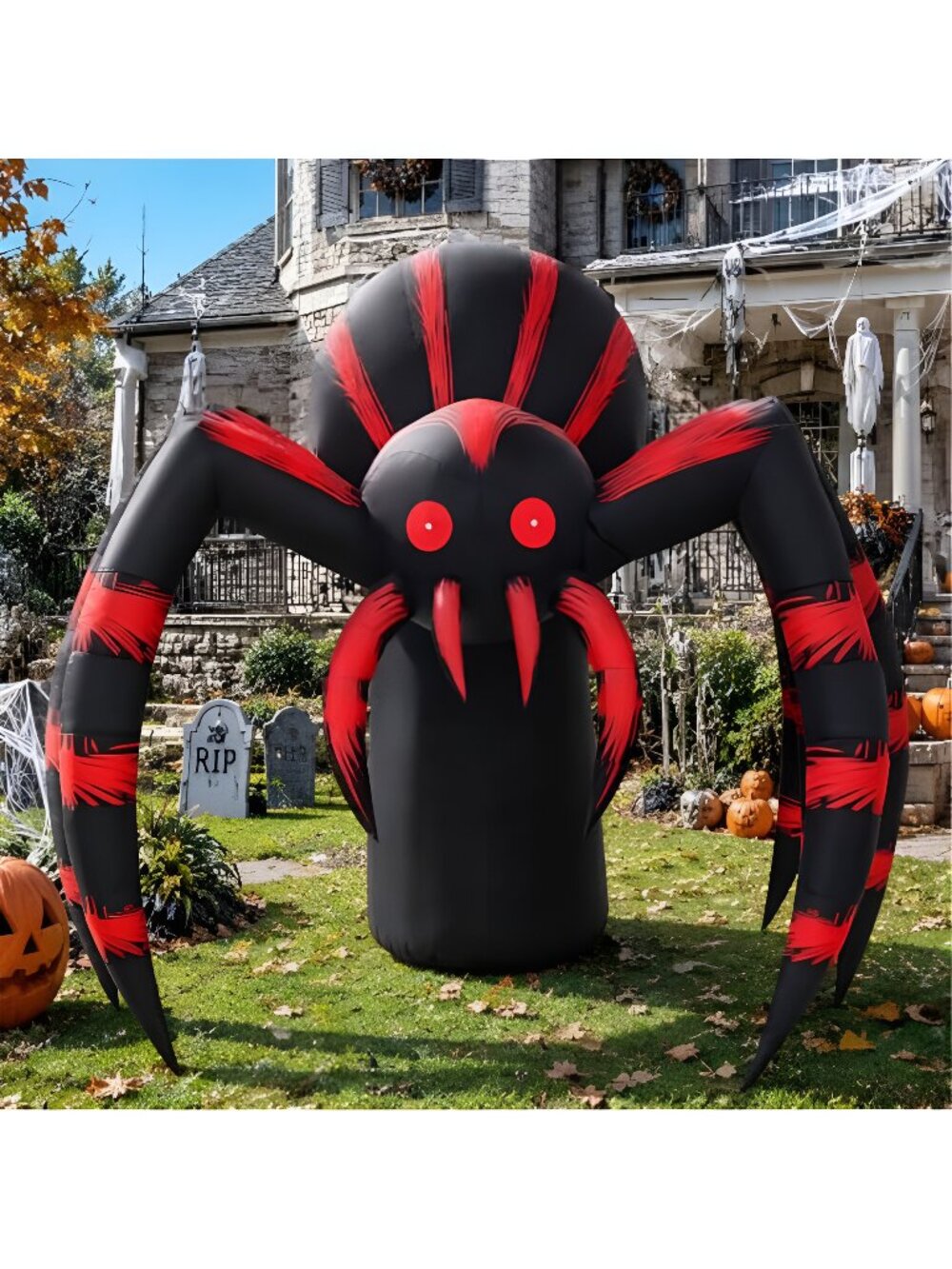 7FT Halloween Inflatables Red Stripe Spider Yard Decor with LEDs